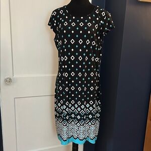 Liz Claiborne Black Dress with White and Turquoise Geometric Print